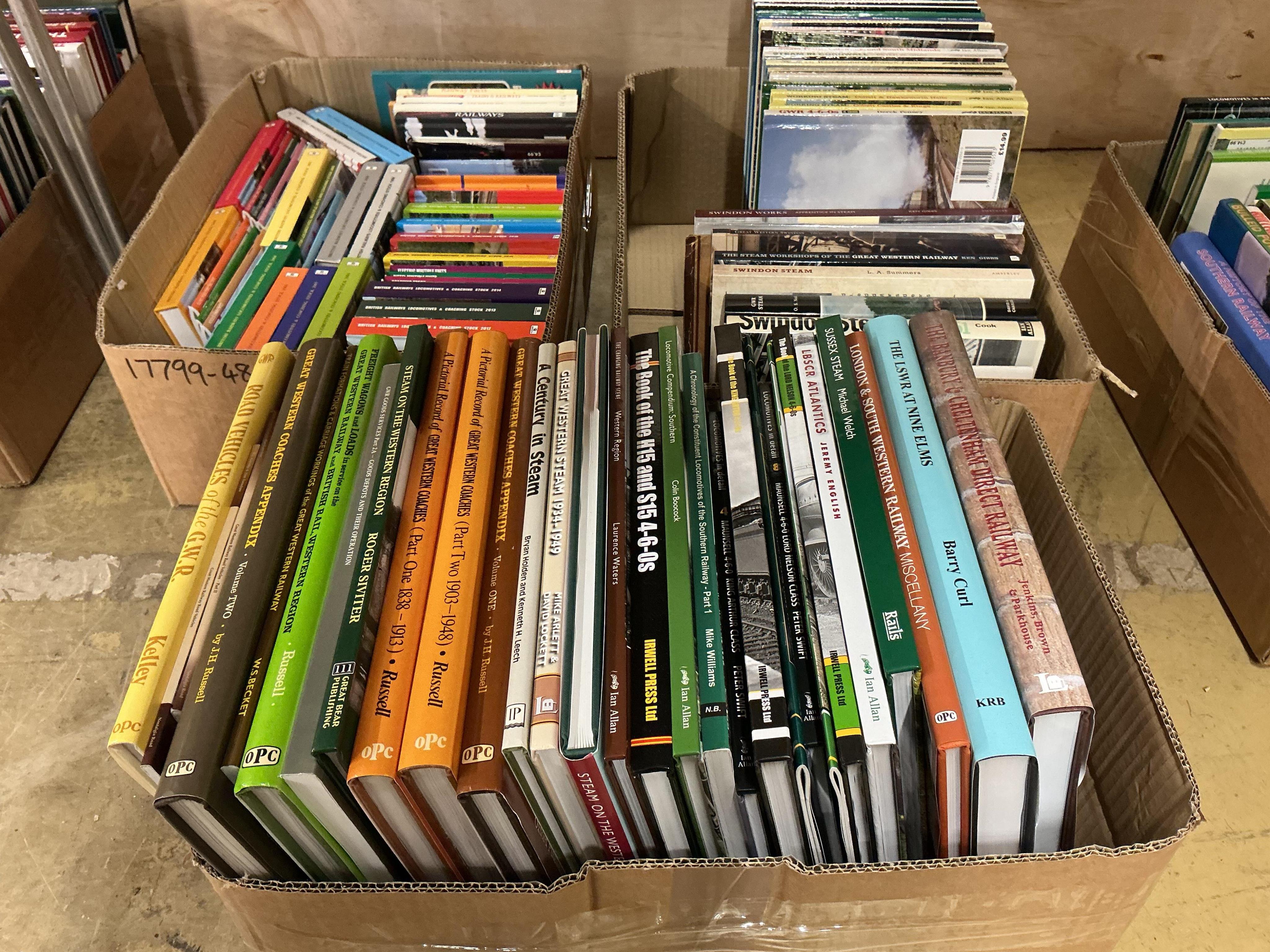 Three boxes of railway related books, subjects include; British Railways Locomotives & Coaching Stock year books, GWR, Swindon Steam, London and South Western Railway, Great Western Coaches, etc., publishers include; Pla